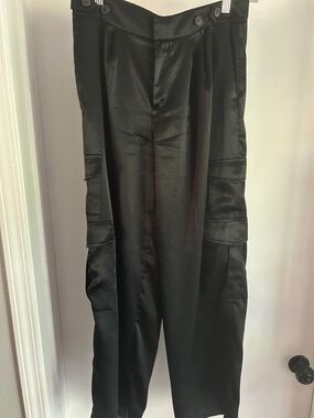 Black Satin Cargo Pants